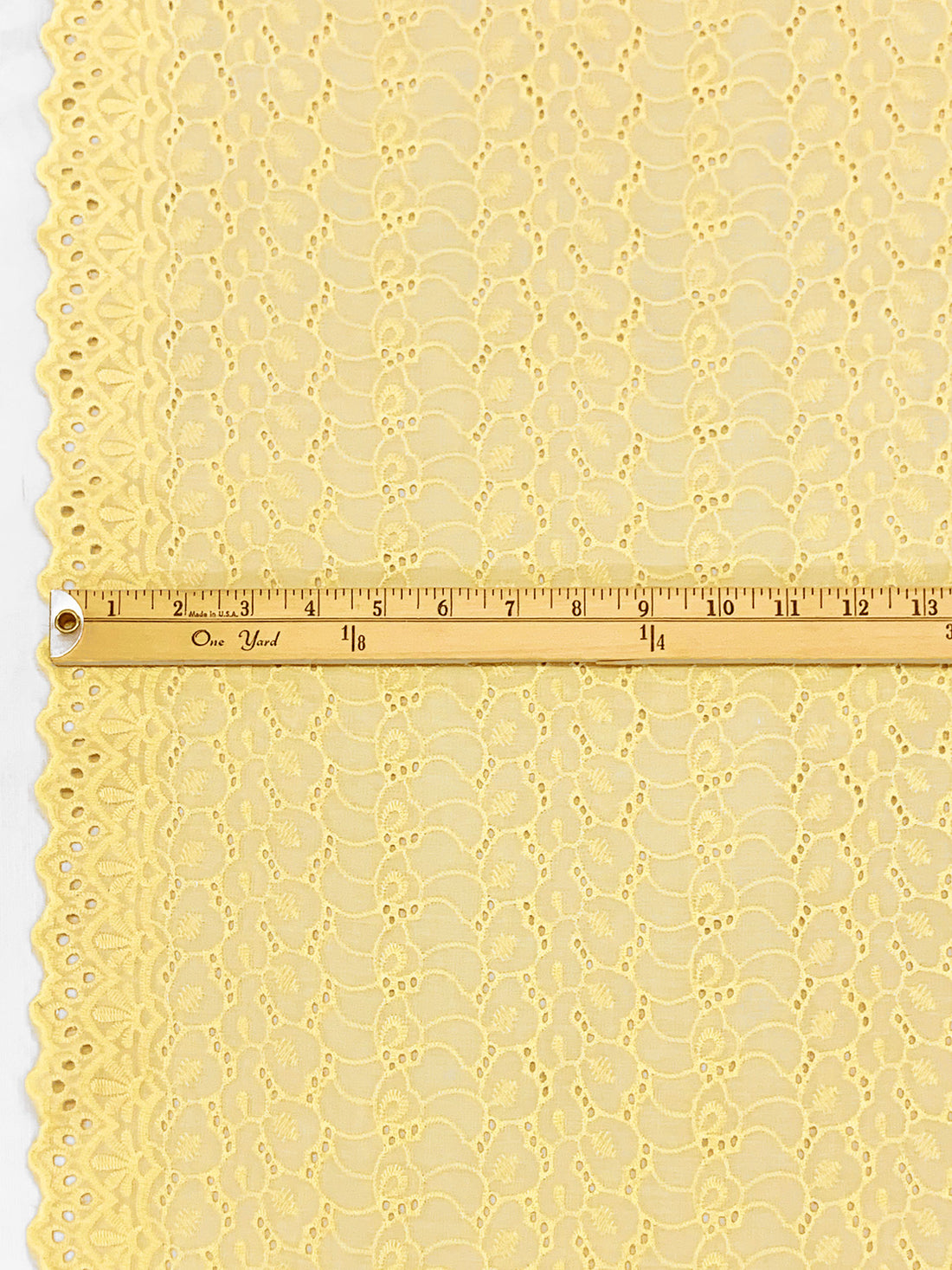 Straw Yellow 100% Cotton Double Scalloped Border Embroidered Ornate Abstract Eyelet Voile - NY Designer - 41W
