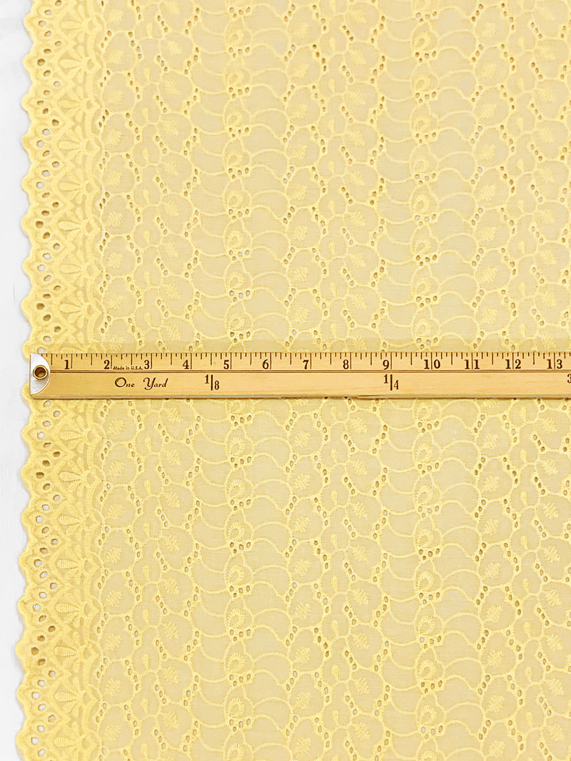 Straw Yellow 100% Cotton Double Scalloped Border Embroidered Ornate Abstract Eyelet Voile - NY Designer - 41W