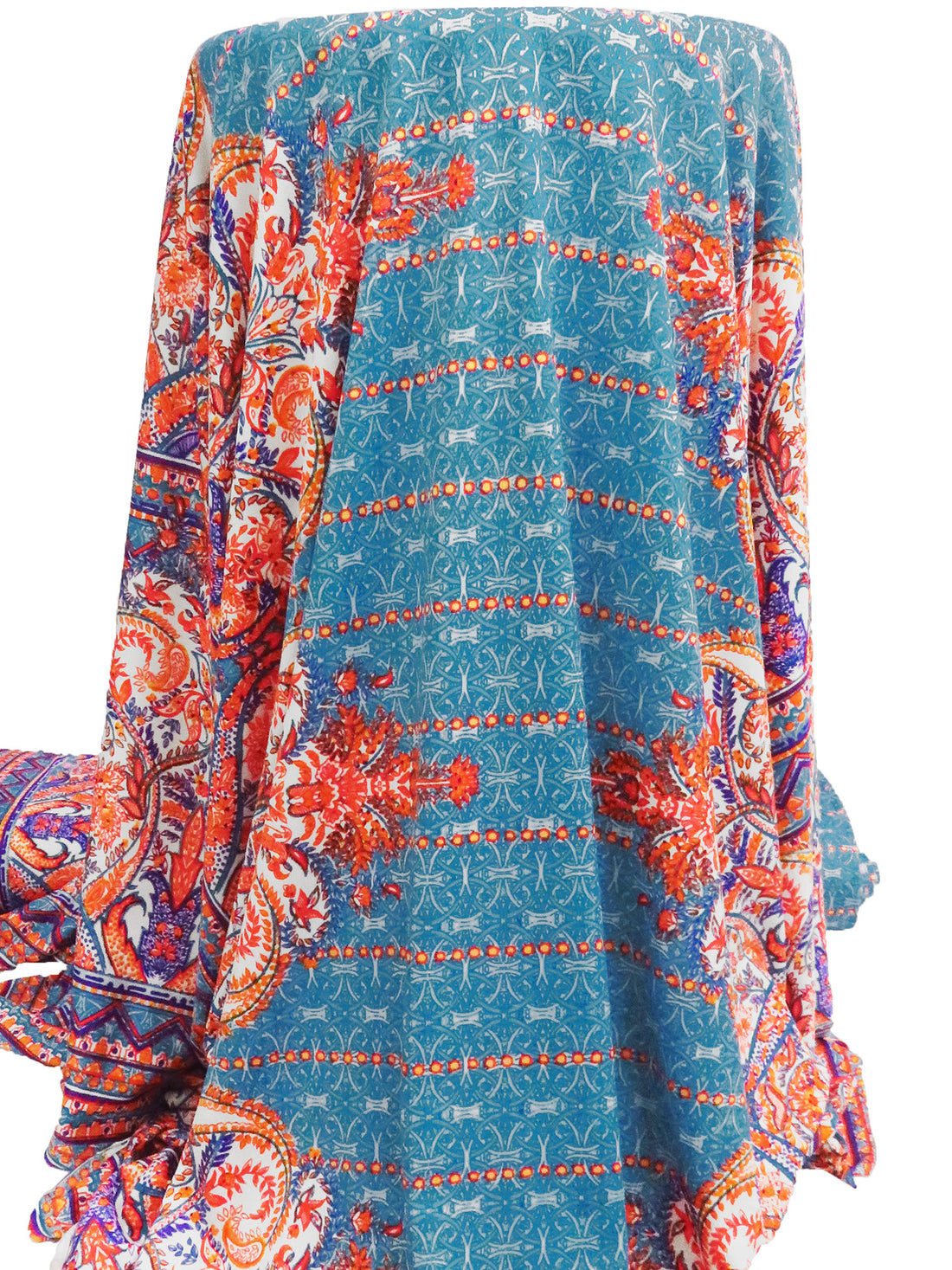 White/Vermilion/Celadon Blue/Multi Polyester/Lycra Double Border Ornate Design Print DTY Knit 62W