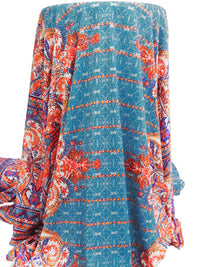 White/Vermilion/Celadon Blue/Multi Polyester/Lycra Double Border Ornate Design Print DTY Knit 62W