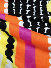 Black/White/Maize/Multi Polyester/Lycra Mirrored Circle Vertical Stripe Print DTY Knit 60W