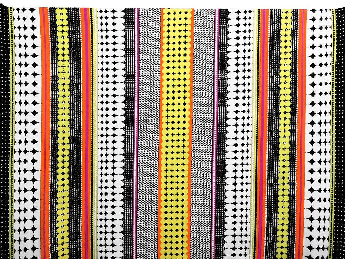 Black/White/Maize/Multi Polyester/Lycra Mirrored Circle Vertical Stripe Print DTY Knit 60W