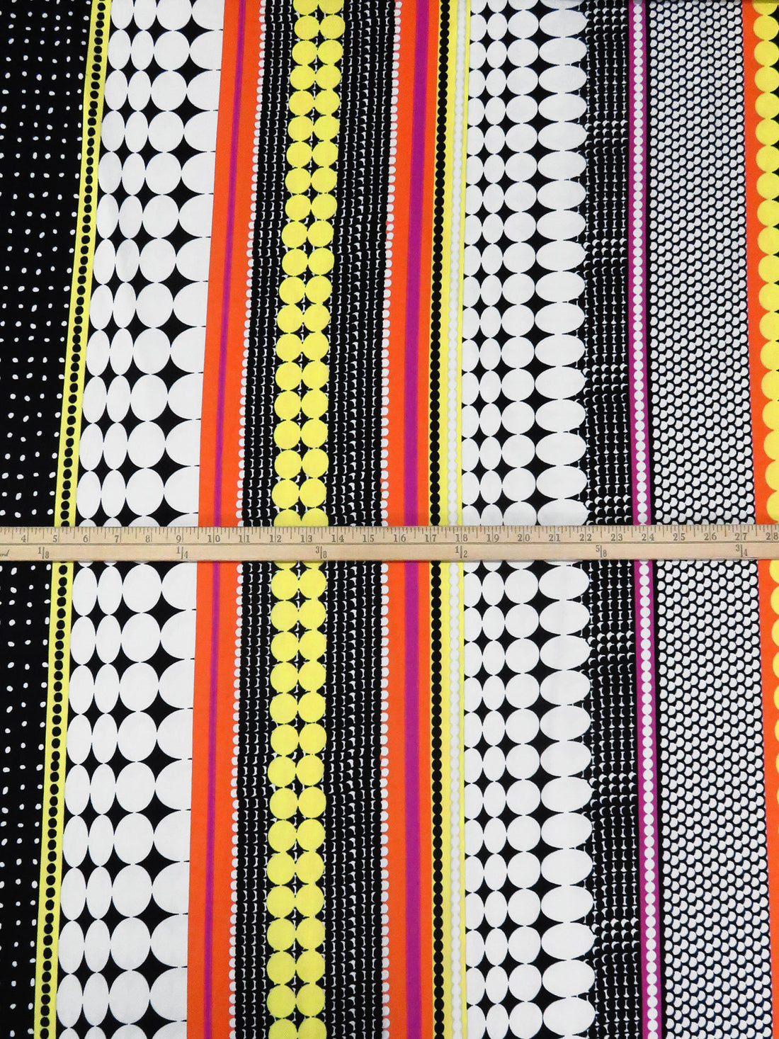 Black/White/Maize/Multi Polyester/Lycra Mirrored Circle Vertical Stripe Print DTY Knit 60W
