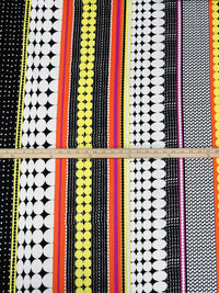 Black/White/Maize/Multi Polyester/Lycra Mirrored Circle Vertical Stripe Print DTY Knit 60W