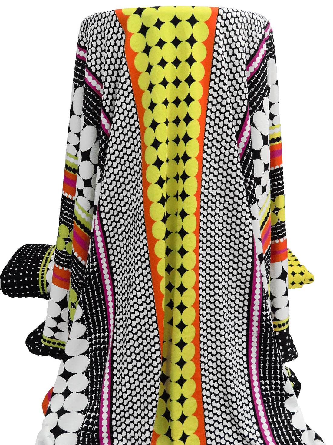 Black/White/Maize/Multi Polyester/Lycra Mirrored Circle Vertical Stripe Print DTY Knit 60W