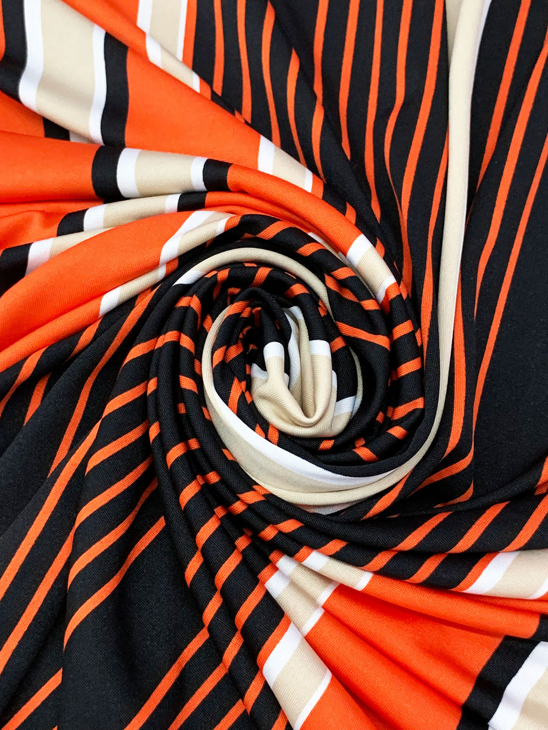 Moss Green/Pumpkin/Black Polyester/Lycra Large Vertical Stripe Print DTY Knit 61W