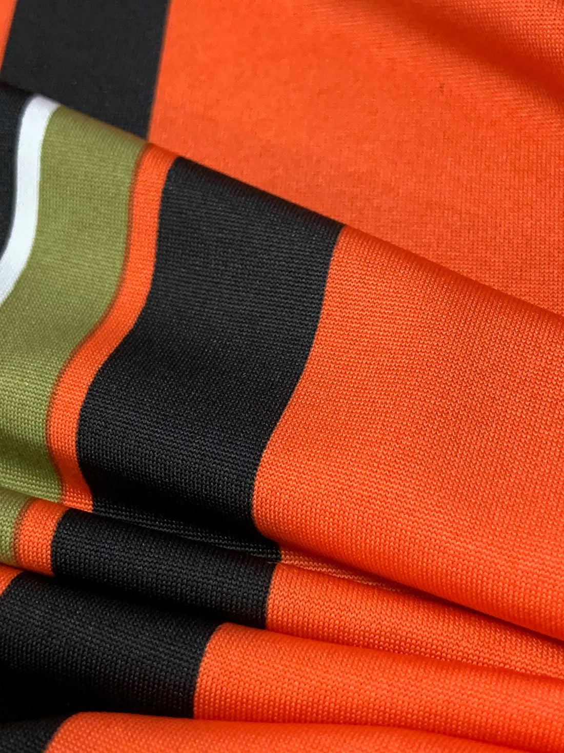 Moss Green/Pumpkin/Black Polyester/Lycra Large Vertical Stripe Print DTY Knit 61W