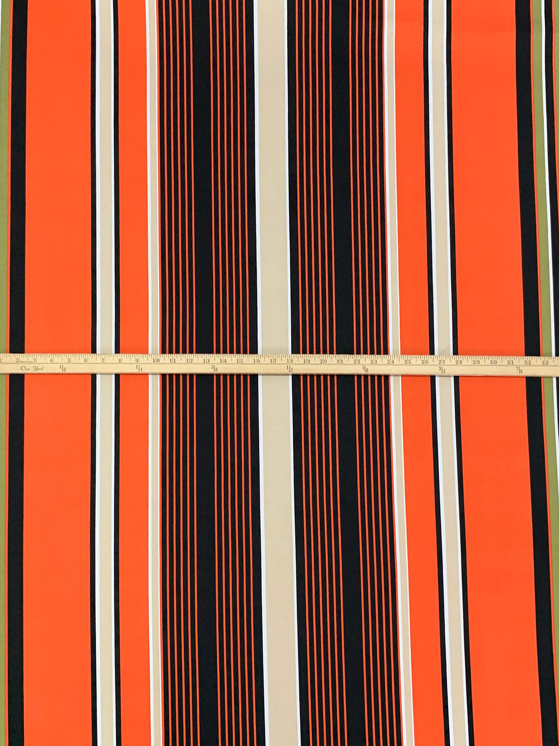 Moss Green/Pumpkin/Black Polyester/Lycra Large Vertical Stripe Print DTY Knit 61W