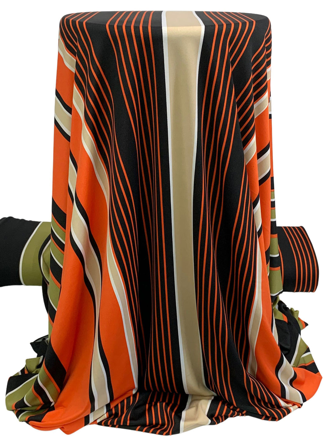 Moss Green/Pumpkin/Black Polyester/Lycra Large Vertical Stripe Print DTY Knit 61W