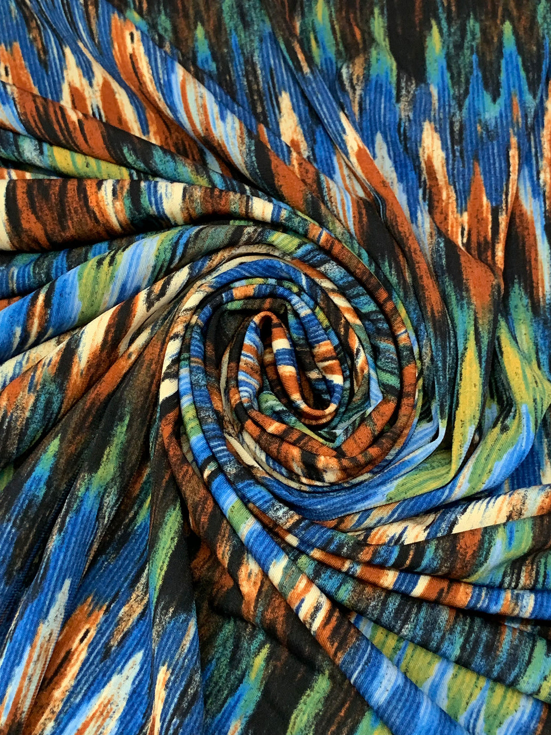 Dark Royal Blue/Saddle Brown/Old Moss/Multi Polyester/Lycra Jagged Streaks Print ITY Knit 58W