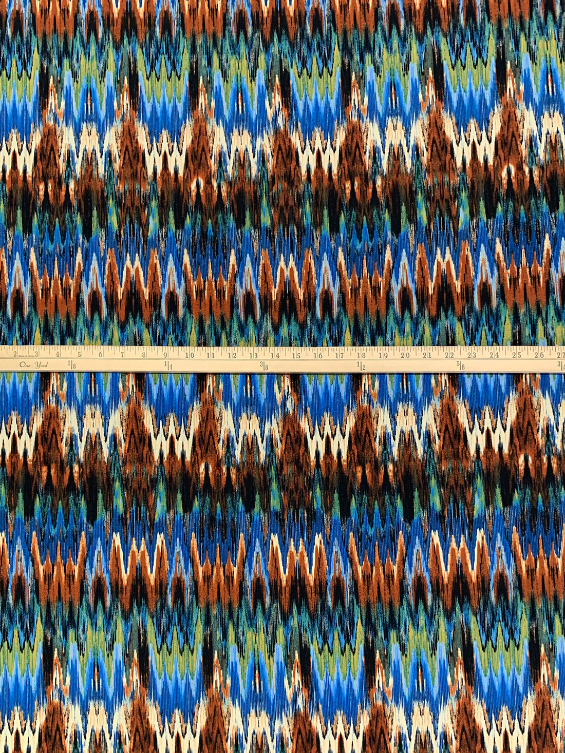 Dark Royal Blue/Saddle Brown/Old Moss/Multi Polyester/Lycra Jagged Streaks Print ITY Knit 58W