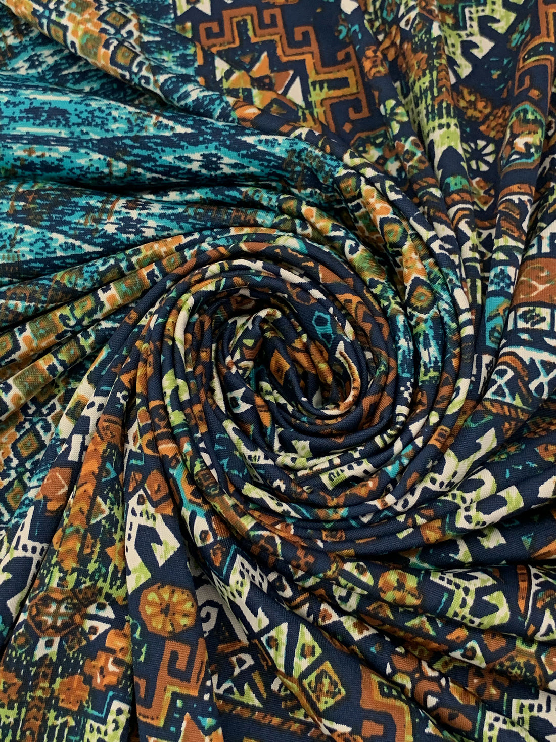 Navy/Ochre/Off-White/Multi Polyester/Lycra Double Border Abstract Ornate Print DTY Knit 61W