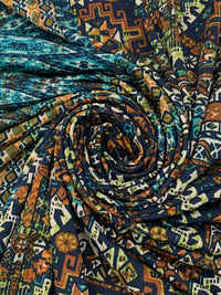 Navy/Ochre/Off-White/Multi Polyester/Lycra Double Border Abstract Ornate Print DTY Knit 61W