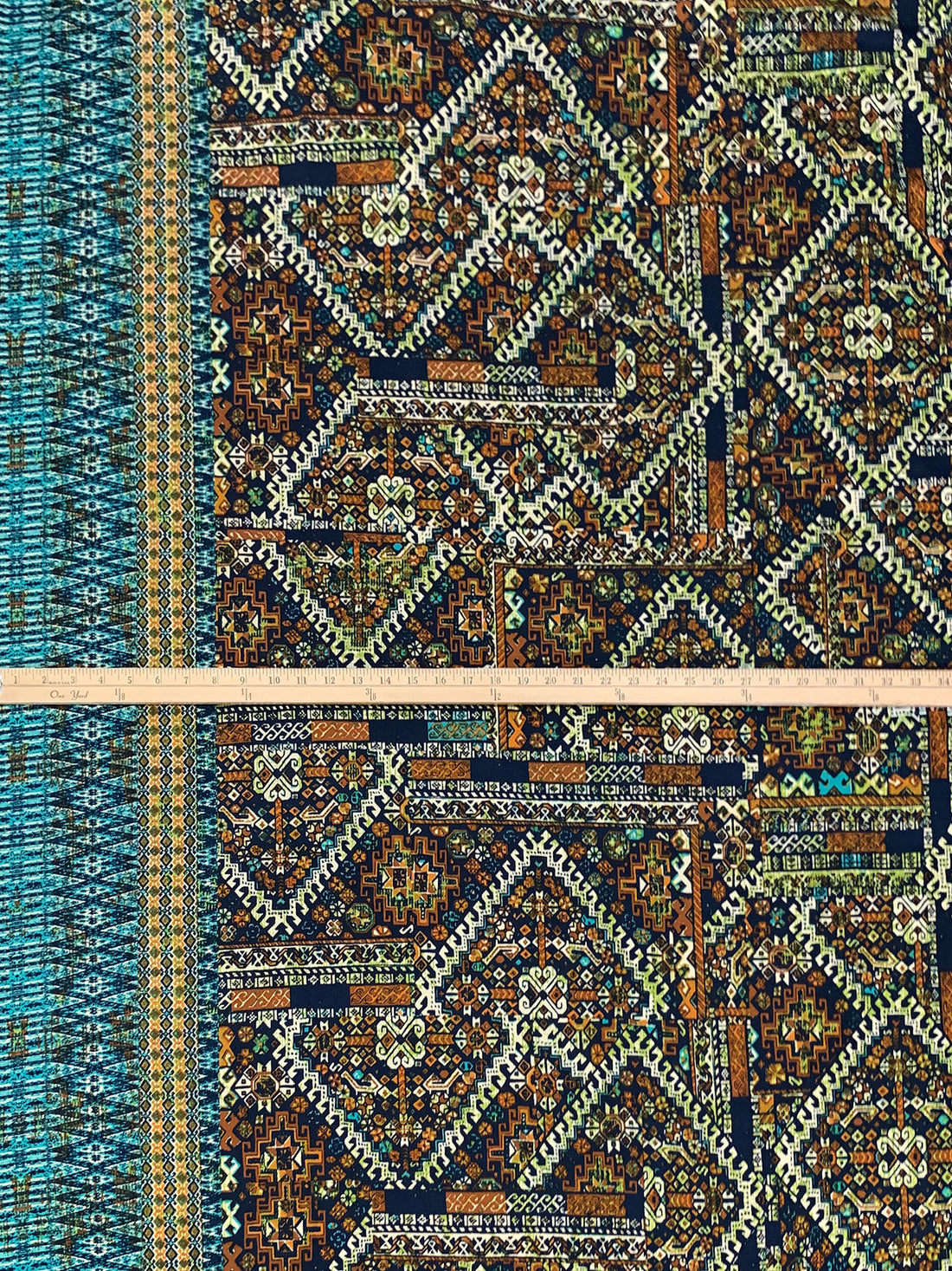 Navy/Ochre/Off-White/Multi Polyester/Lycra Double Border Abstract Ornate Print DTY Knit 61W