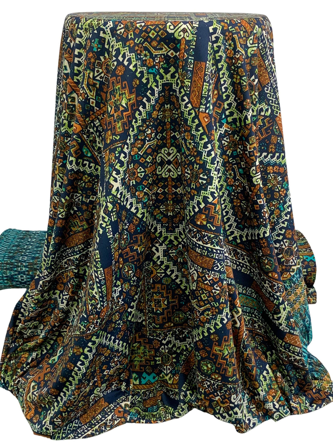 Navy/Ochre/Off-White/Multi Polyester/Lycra Double Border Abstract Ornate Print DTY Knit 61W