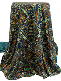 Navy/Ochre/Off-White/Multi Polyester/Lycra Double Border Abstract Ornate Print DTY Knit 61W