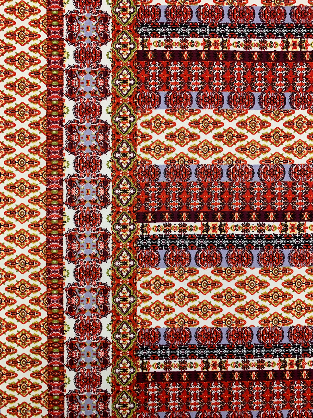 Scarlet/Cadet Blue/Off-White/Multi Polyester/Lycra Double Border Large Ornate Print DTY Knit 60W