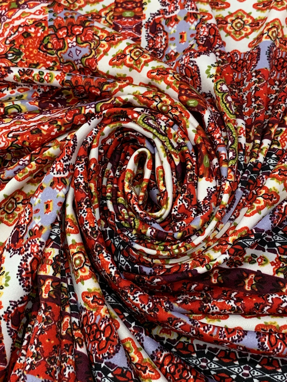 Scarlet/Cadet Blue/Off-White/Multi Polyester/Lycra Double Border Large Ornate Print DTY Knit 60W