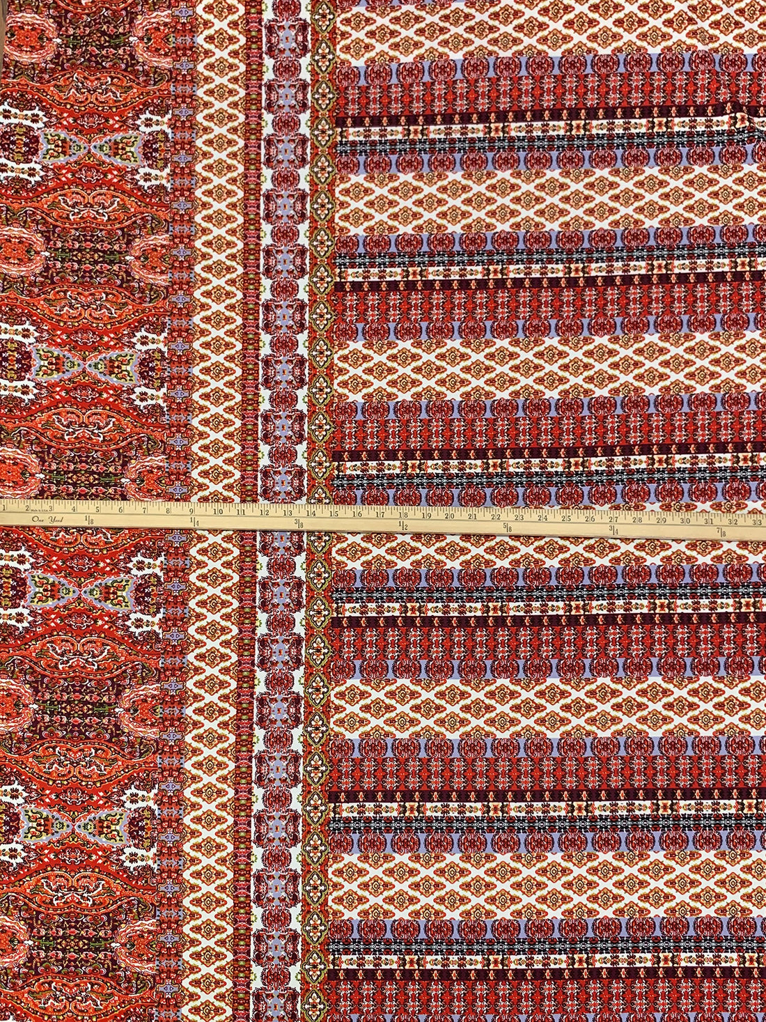 Scarlet/Cadet Blue/Off-White/Multi Polyester/Lycra Double Border Large Ornate Print DTY Knit 60W