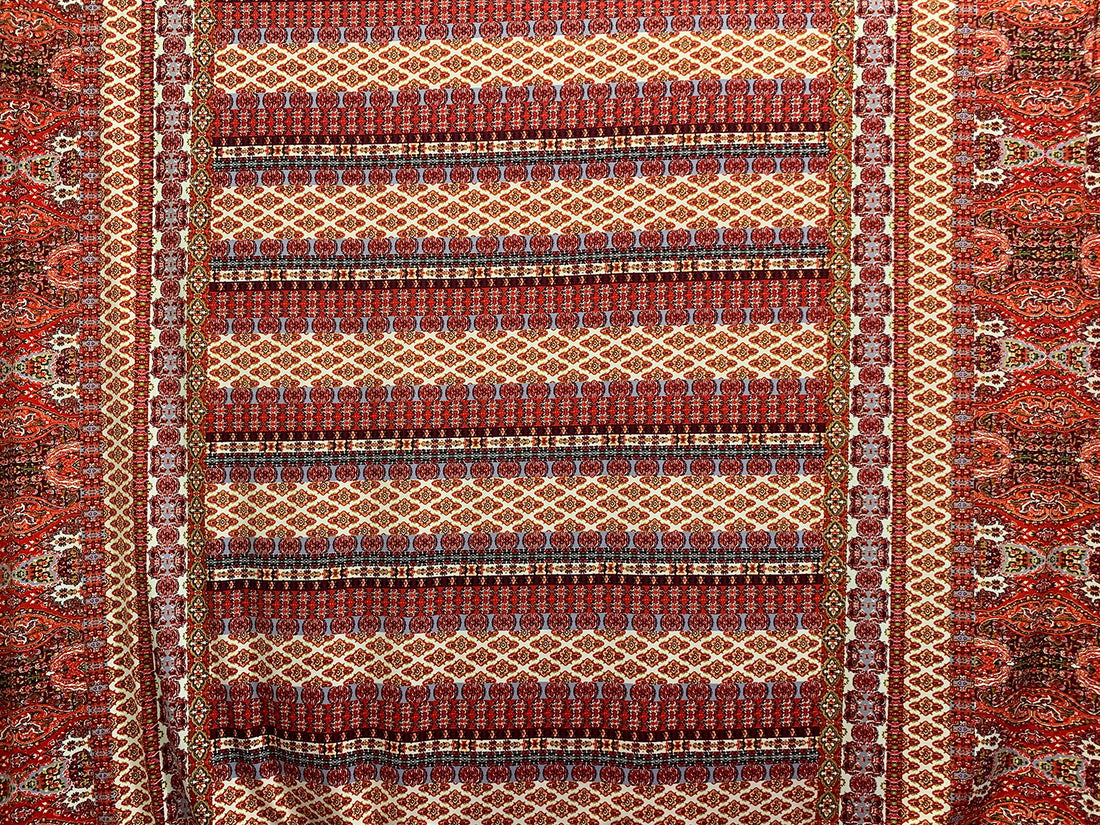 Scarlet/Cadet Blue/Off-White/Multi Polyester/Lycra Double Border Large Ornate Print DTY Knit 60W