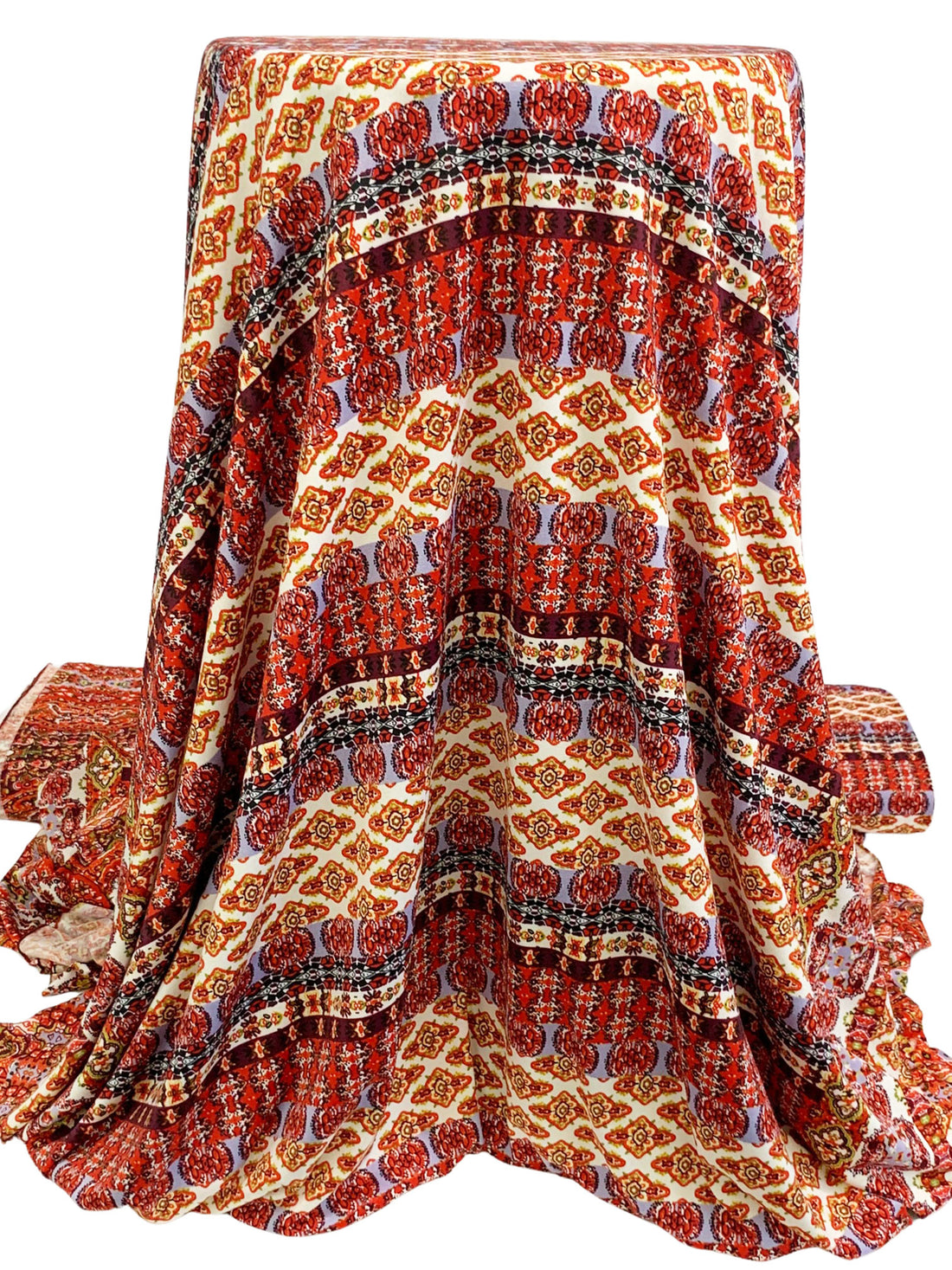 Scarlet/Cadet Blue/Off-White/Multi Polyester/Lycra Double Border Large Ornate Print DTY Knit 60W