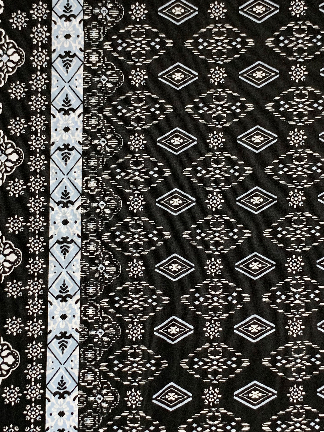 Black/Vista Blue/White Polyester/Lycra Double Border Stylized Medallion Print ITY Knit 60W