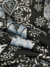 Black/Vista Blue/White Polyester/Lycra Double Border Stylized Medallion Print ITY Knit 60W