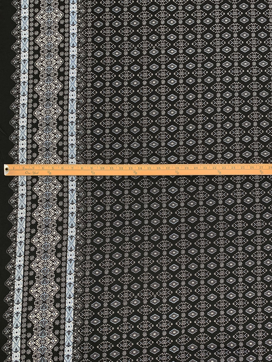 Black/Vista Blue/White Polyester/Lycra Double Border Stylized Medallion Print ITY Knit 60W