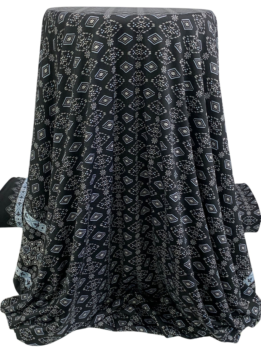 Black/Vista Blue/White Polyester/Lycra Double Border Stylized Medallion Print ITY Knit 60W