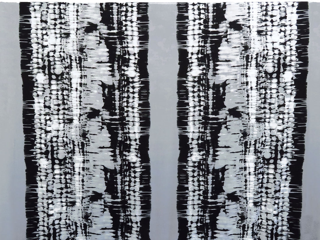 White/Mid Gray/Black Polyester/Lycra Mirrored Tie-Dye Look Vertical Stripe Print DTY Knit 60W