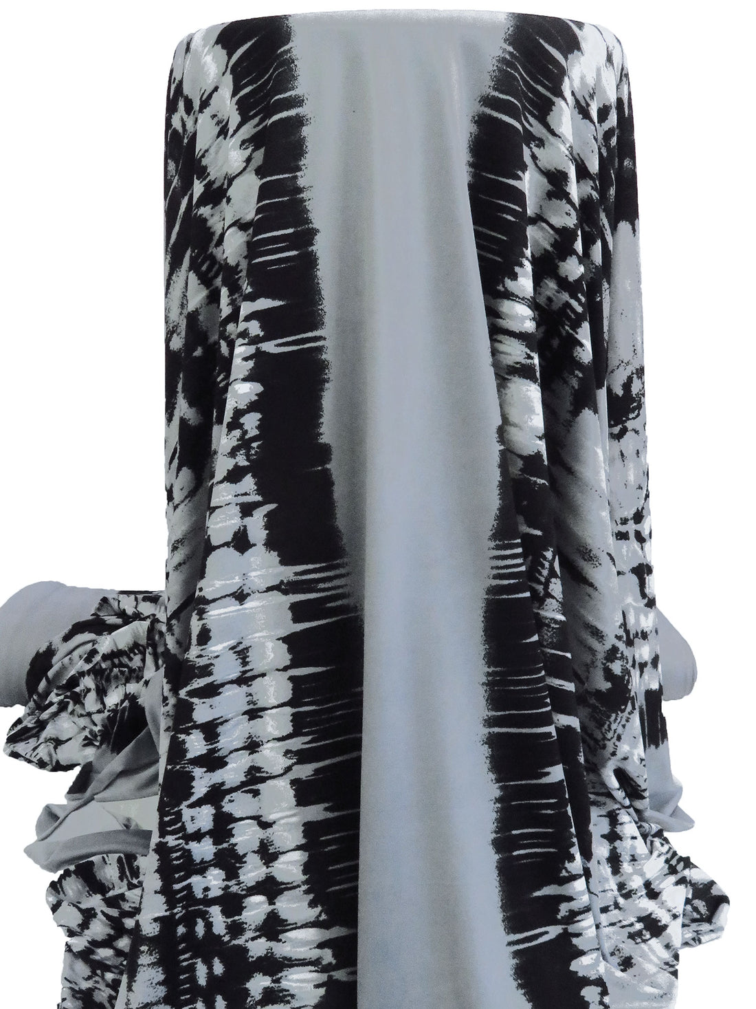 White/Mid Gray/Black Polyester/Lycra Mirrored Tie-Dye Look Vertical Stripe Print DTY Knit 60W