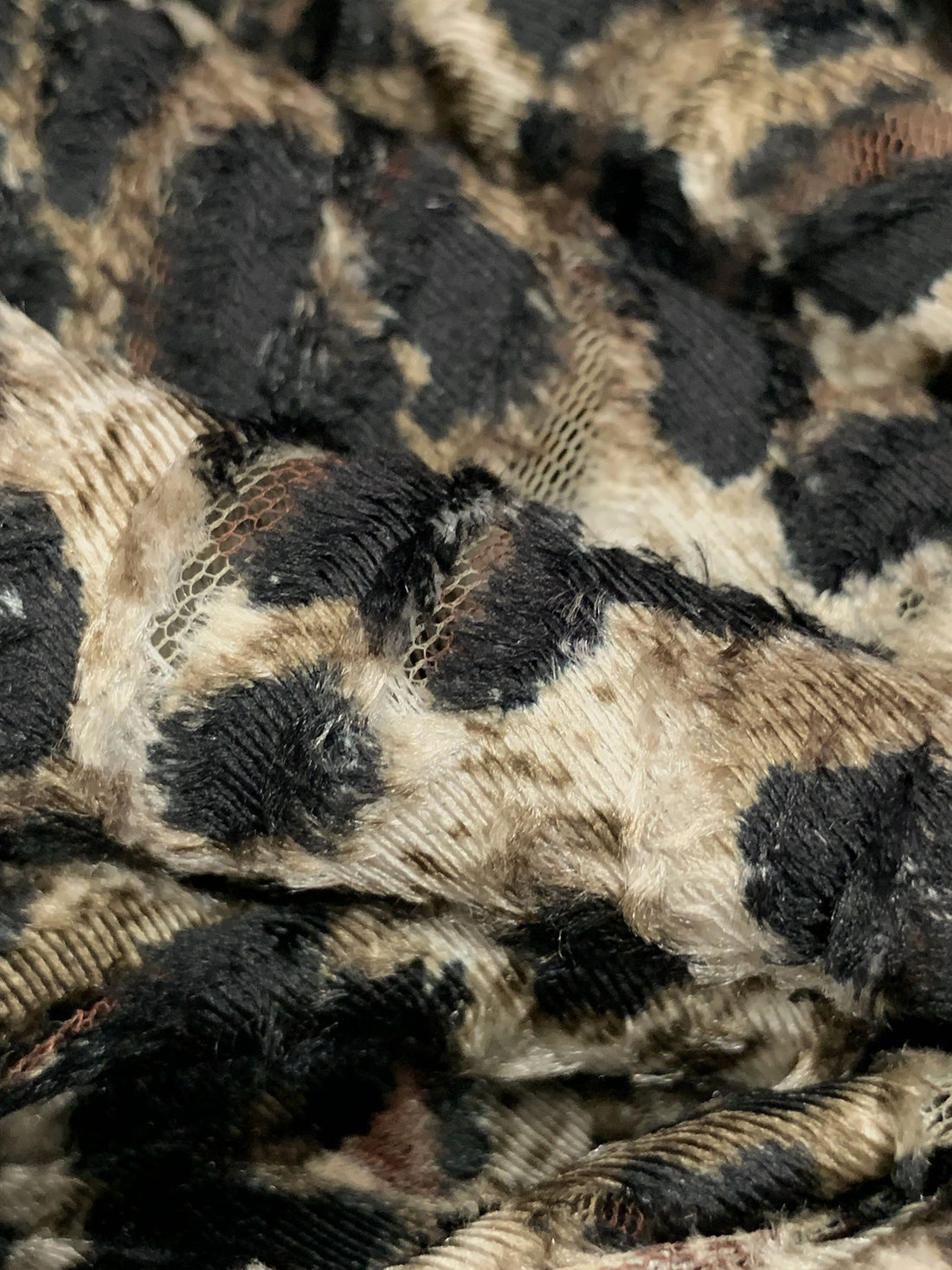 Wheat/Raw Umber/Black 100% Polyester Animal Velvet-Look Burnout On Mesh - Luxe Resort Designer - 60W