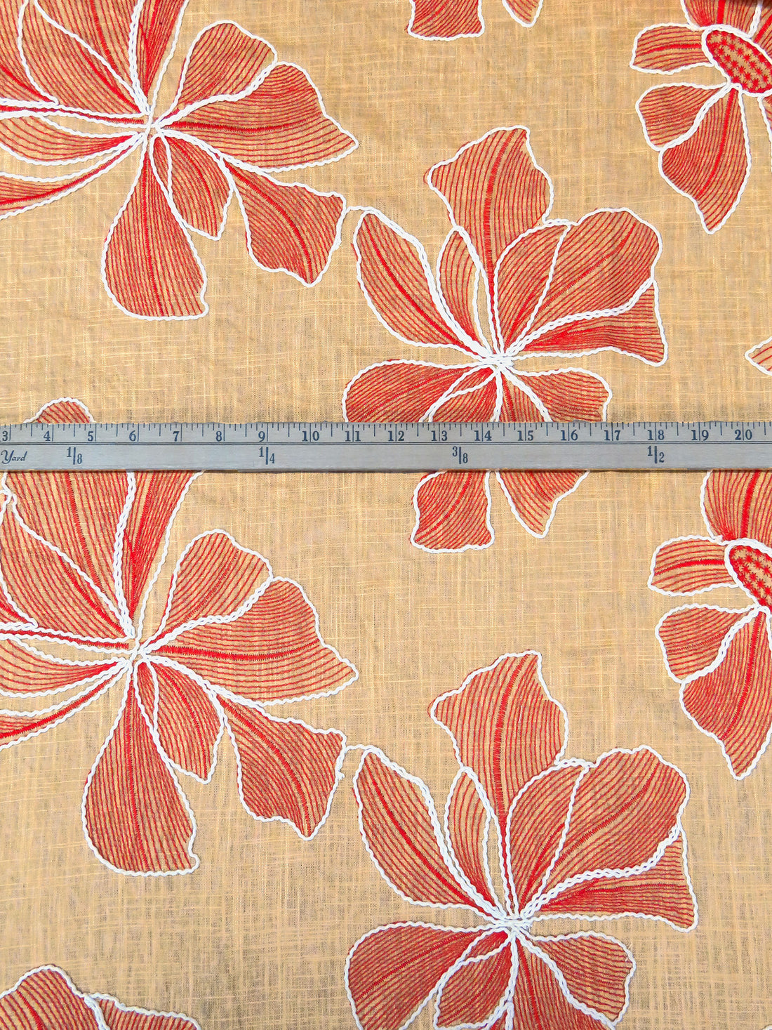 Camel/Natural/Muted Vermilion Rayon/Linen Floral Embroidered Shirt Weight Woven - Luxe Resort Designer - 51W