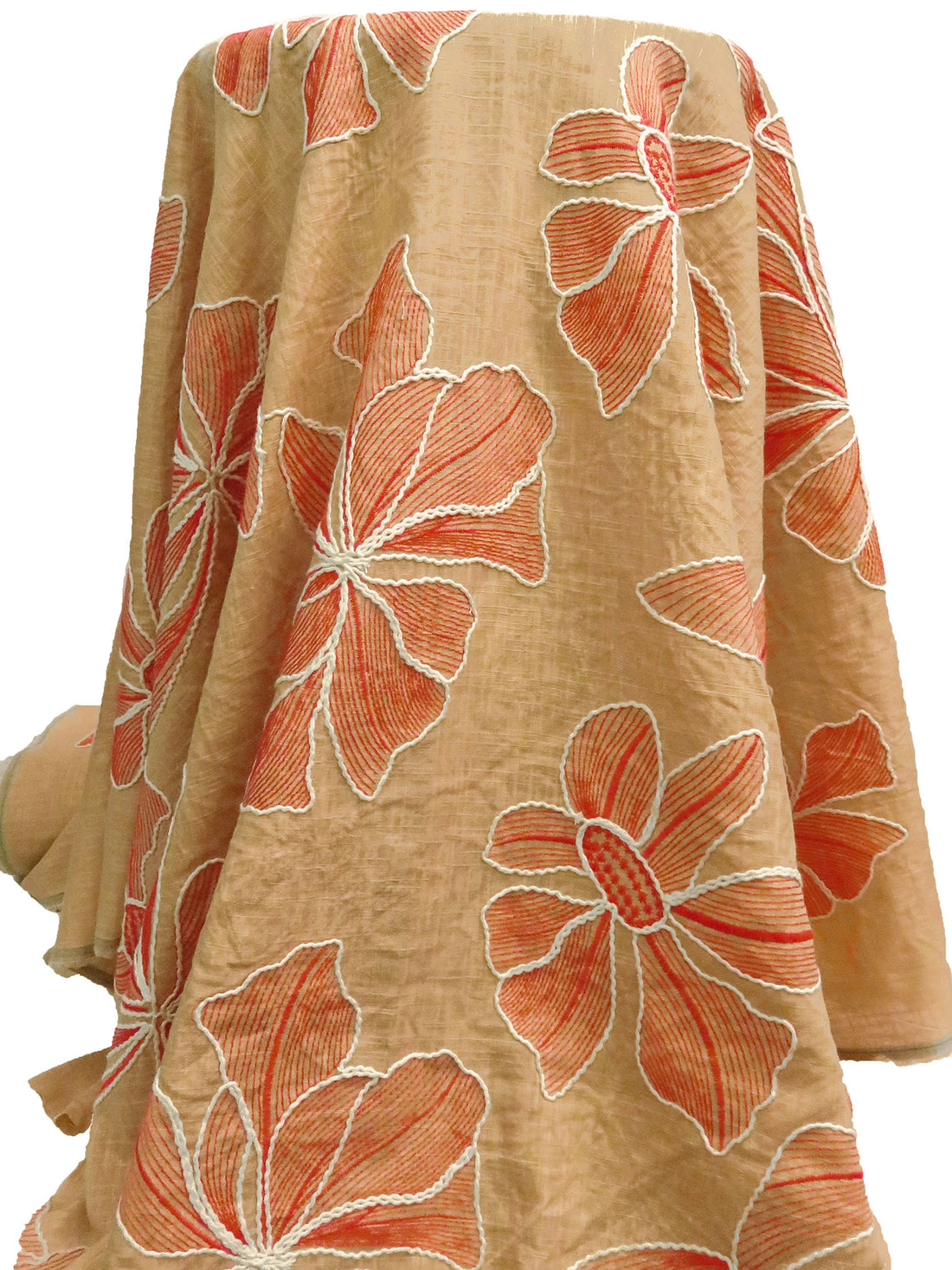 Camel/Natural/Muted Vermilion Rayon/Linen Floral Embroidered Shirt Weight Woven - Luxe Resort Designer - 51W