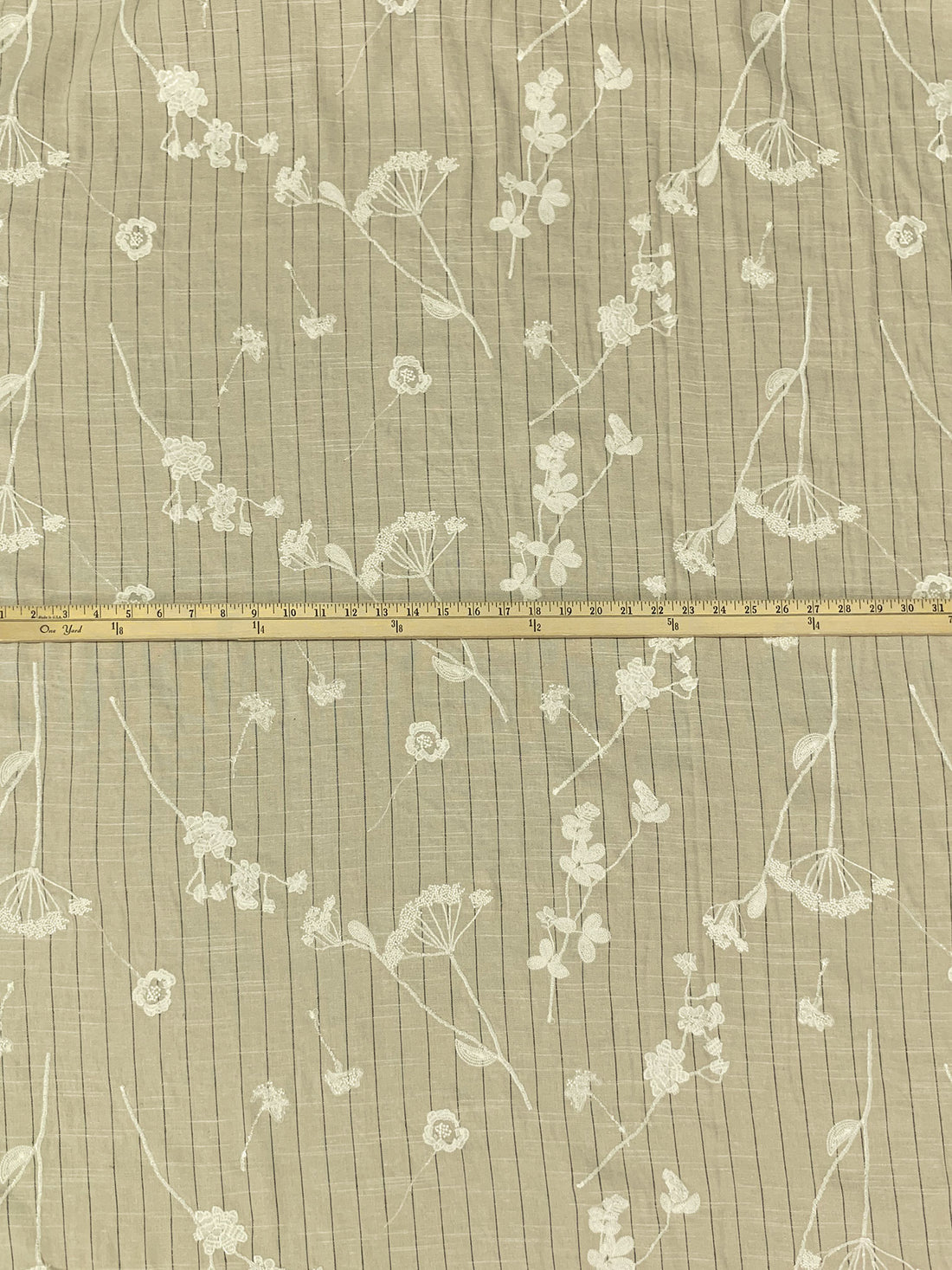 Sandy Beige/White Coffee/Espresso Rayon/Linen Embroidered Floral Over Vertical Stripe Shirt Weight Woven - Luxe Resort Designer - 56W