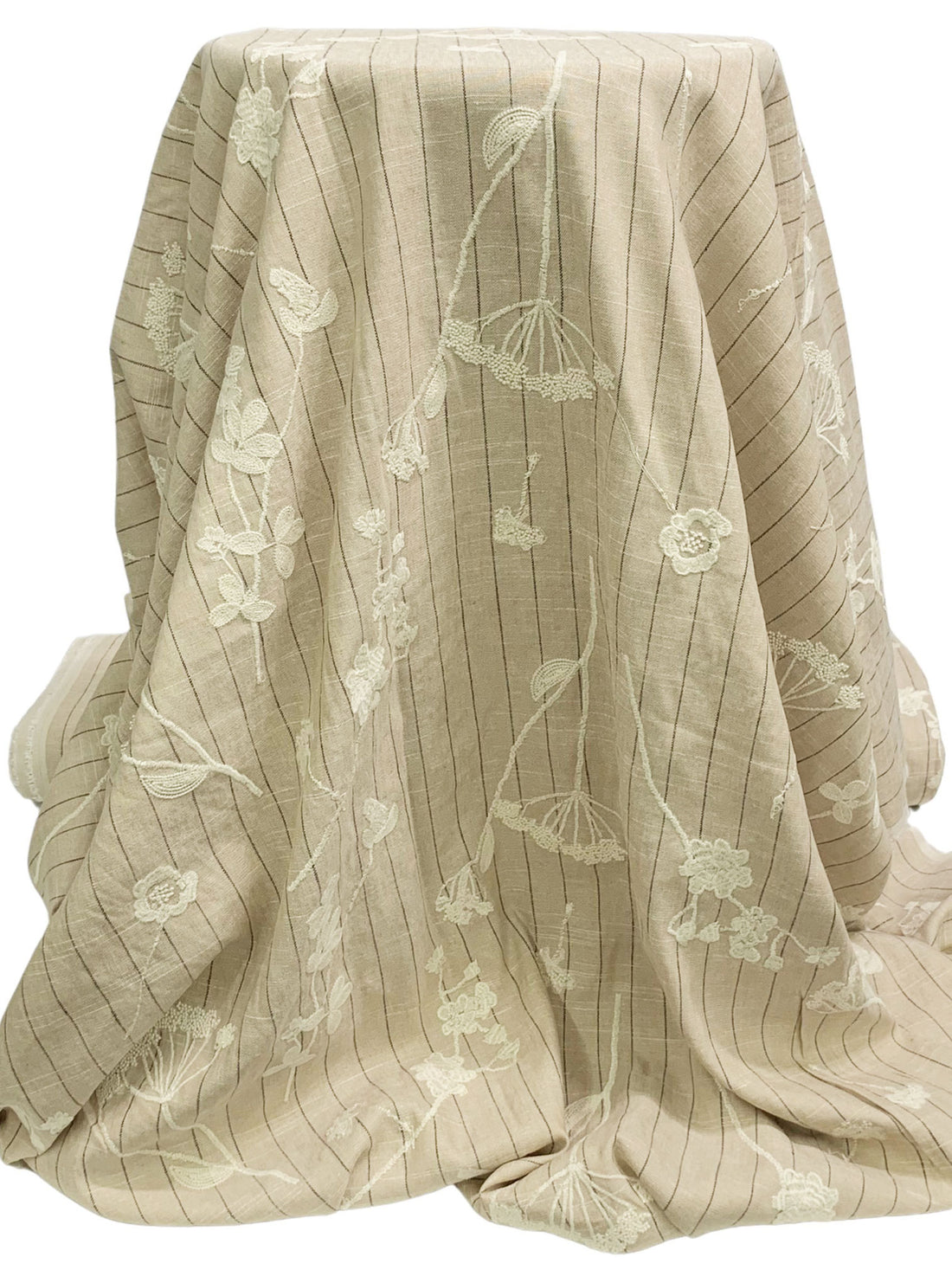 Sandy Beige/White Coffee/Espresso Rayon/Linen Embroidered Floral Over Vertical Stripe Shirt Weight Woven - Luxe Resort Designer - 56W