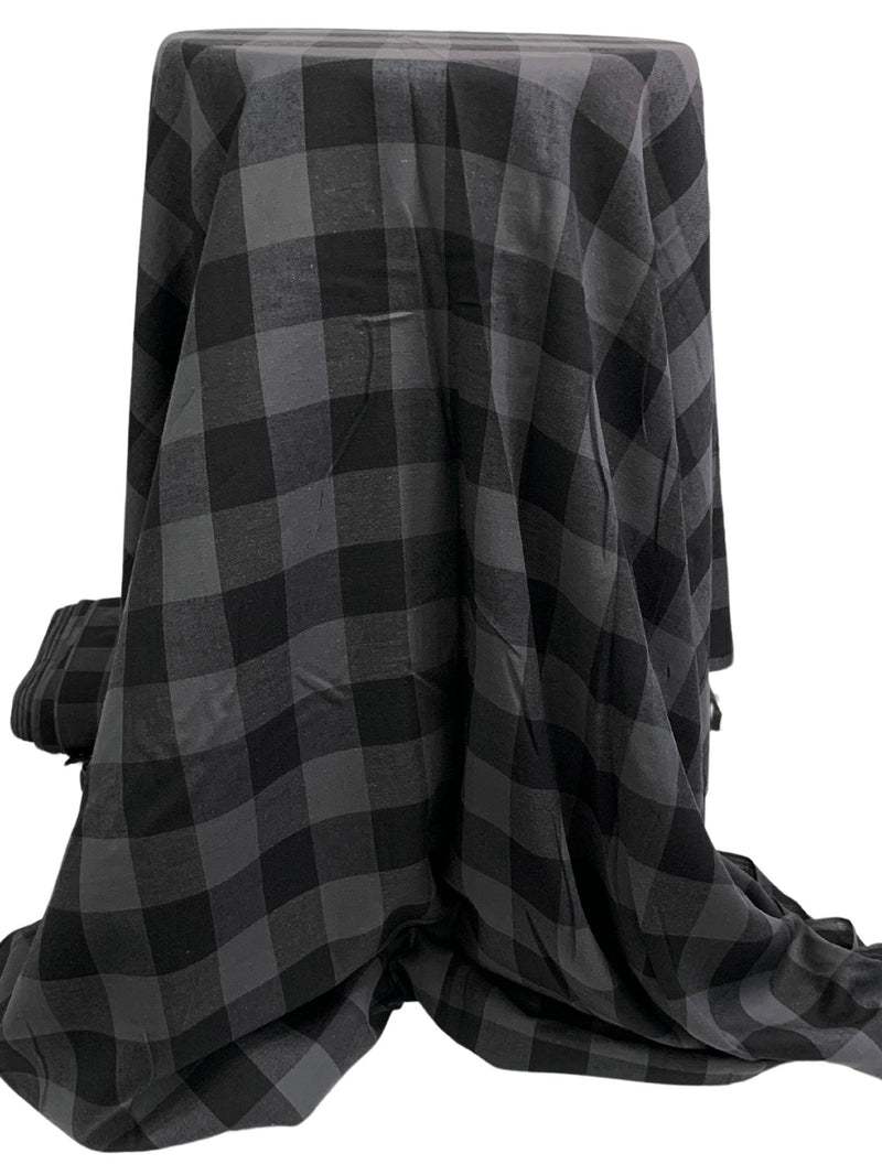 Cool Granite/Black 100% Cotton Herringbone Weave Large Gingham Gauze Shirting 44W