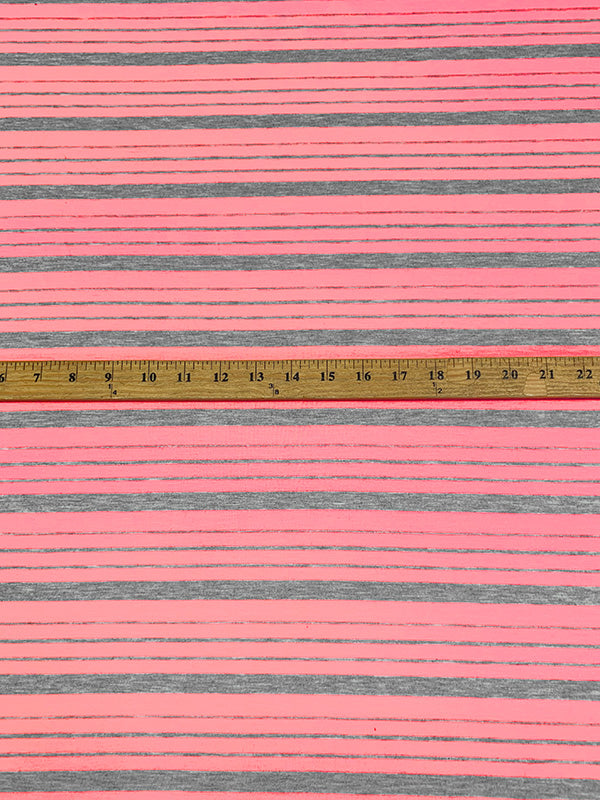 Highlighter Pink/Heathered Gray 100% Polyester Horizontal Stripe Tissue Jersey Knit 54W