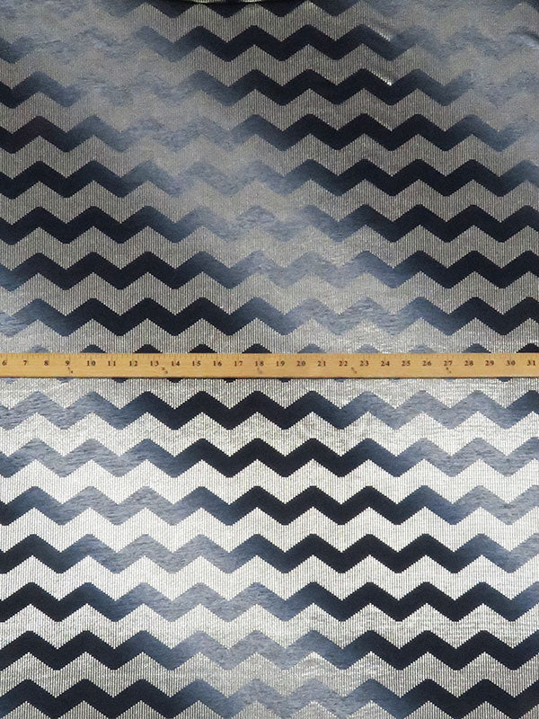 Heathered Silver/Navy/Metallic Aluminum Polyester/Lycra Chevron Foil Dot Print On Diagonal Gradient Stripe Print Heathered Knit 54W