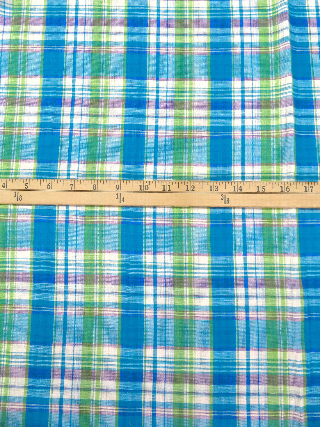 Vivid Tropical Blue/Moss/White/Multi 100% Cotton Double-Faced Plaid Weave Gauze 56W