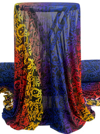 Cerulean Blue/Marigold/Black/Multi Nylon/Lycra Novelty Graffiti-Look Print Mesh Knit 54W