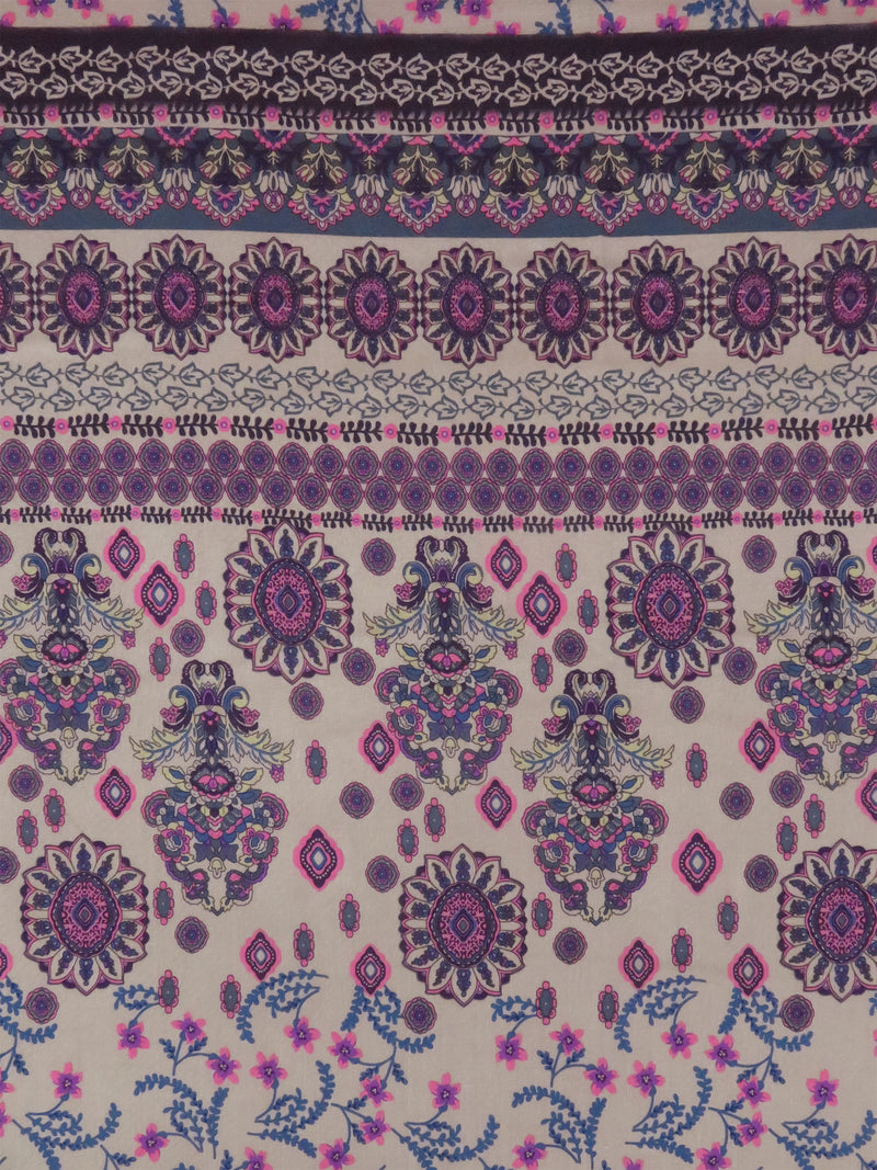 Grullo/Dark Pacific Blue/Magenta/Multi 100% Rayon Large Ornate Floral Stripe Print On Novelty Jacquard Challis 54W