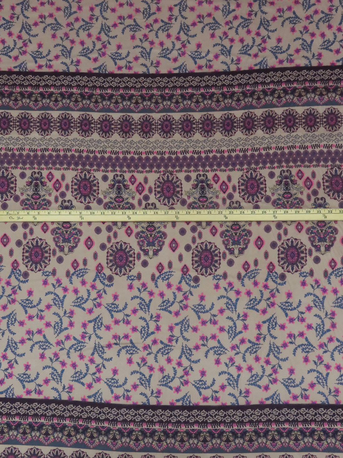 Grullo/Dark Pacific Blue/Magenta/Multi 100% Rayon Large Ornate Floral Stripe Print On Novelty Jacquard Challis 54W