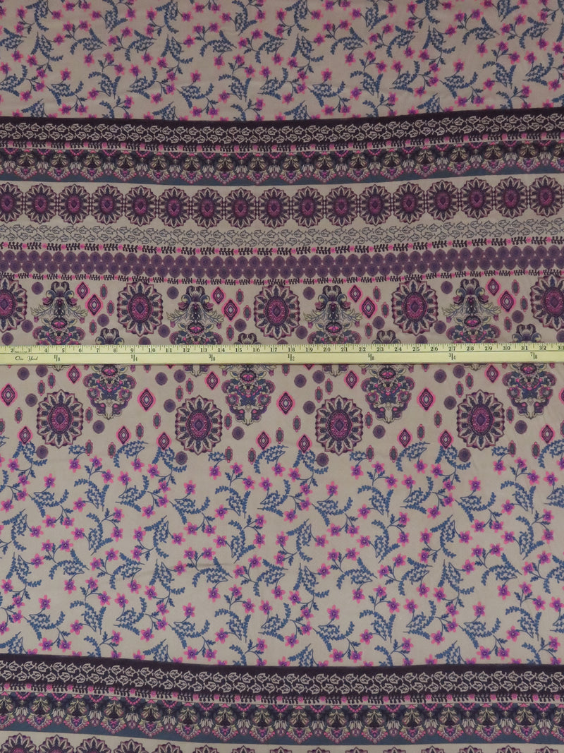 Grullo/Dark Pacific Blue/Magenta/Multi 100% Rayon Large Ornate Floral Stripe Print On Novelty Jacquard Challis 54W