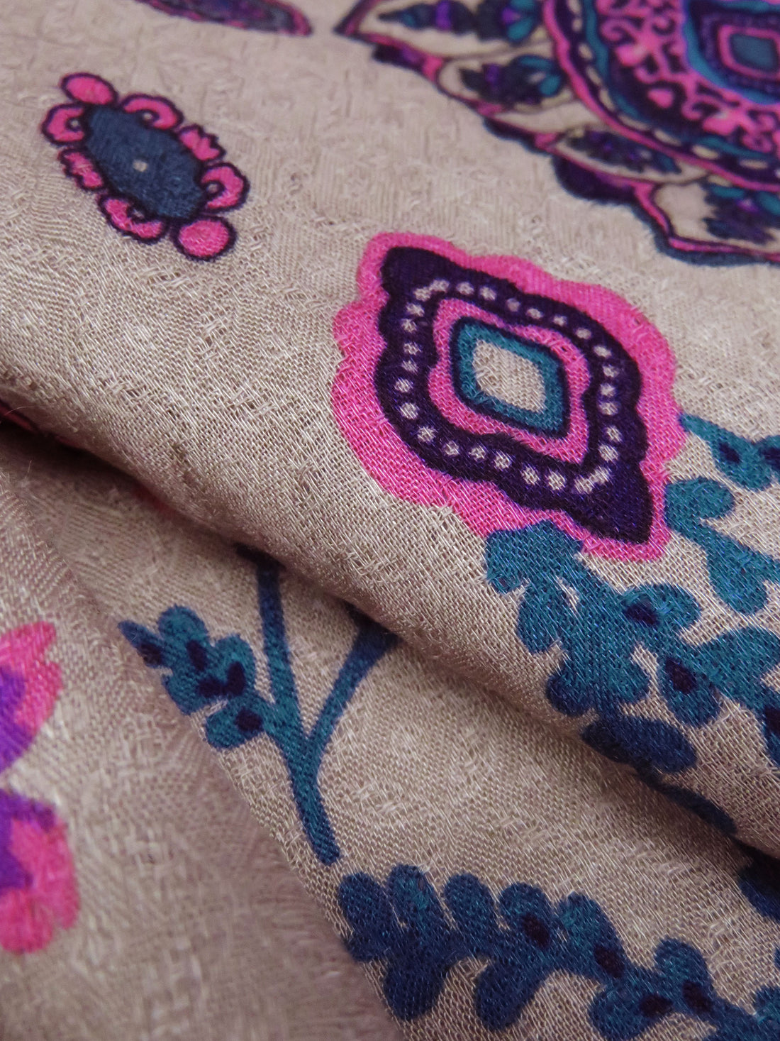 Grullo/Dark Pacific Blue/Magenta/Multi 100% Rayon Large Ornate Floral Stripe Print On Novelty Jacquard Challis 54W