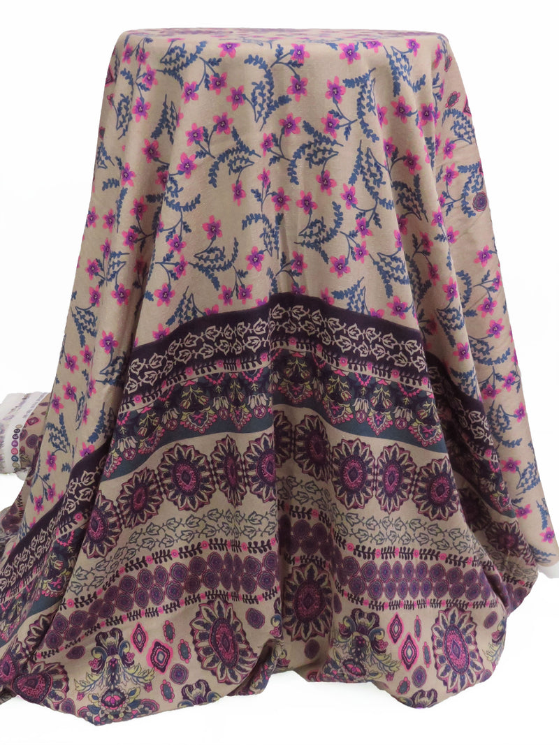 Grullo/Dark Pacific Blue/Magenta/Multi 100% Rayon Large Ornate Floral Stripe Print On Novelty Jacquard Challis 54W