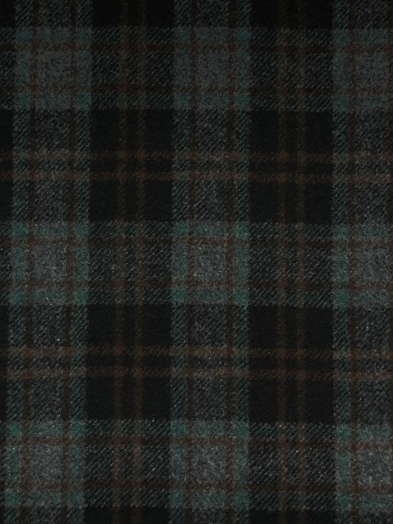 Black/Muted Evergreen/Charcoal/Royal Brown 100% Wool Plaid Flannel Suiting - Imported From Italy - 60W