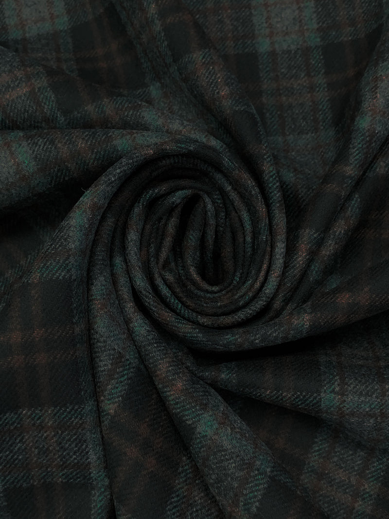Black/Muted Evergreen/Charcoal/Royal Brown 100% Wool Plaid Flannel Suiting - Imported From Italy - 60W