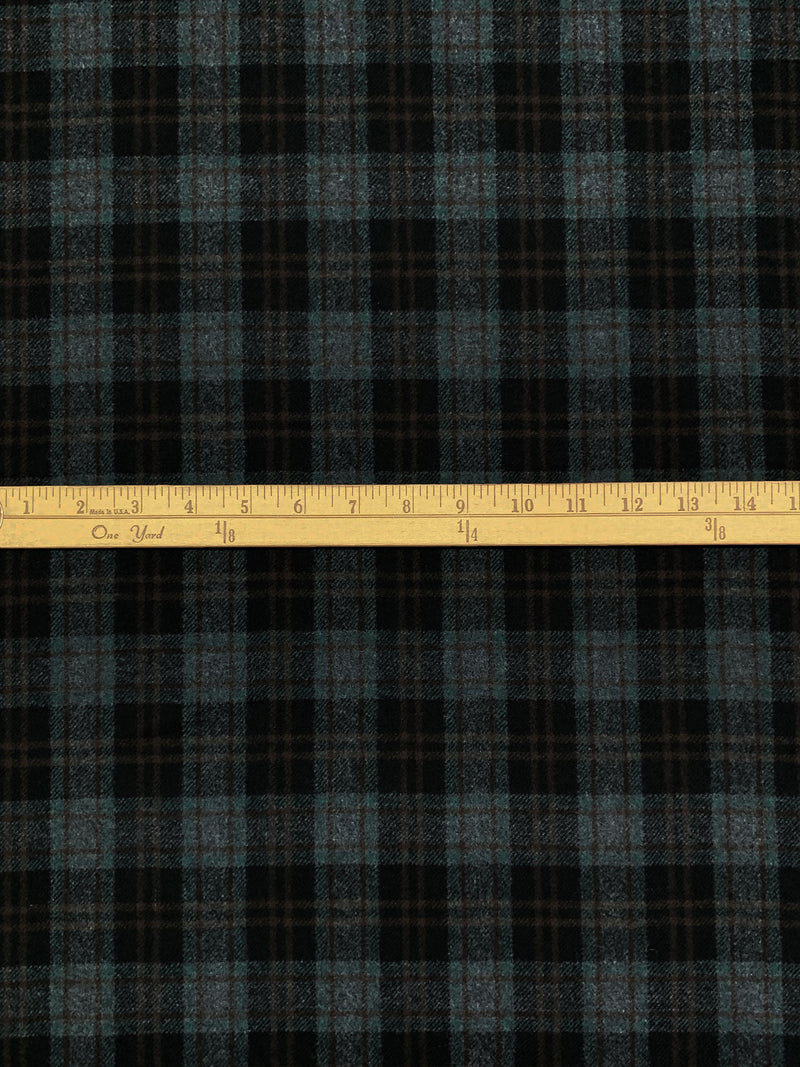 Black/Muted Evergreen/Charcoal/Royal Brown 100% Wool Plaid Flannel Suiting - Imported From Italy - 60W
