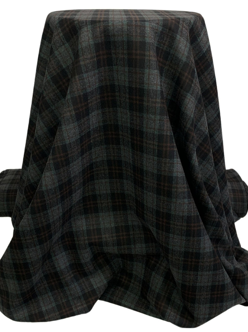 Black/Muted Evergreen/Charcoal/Royal Brown 100% Wool Plaid Flannel Suiting - Imported From Italy - 60W